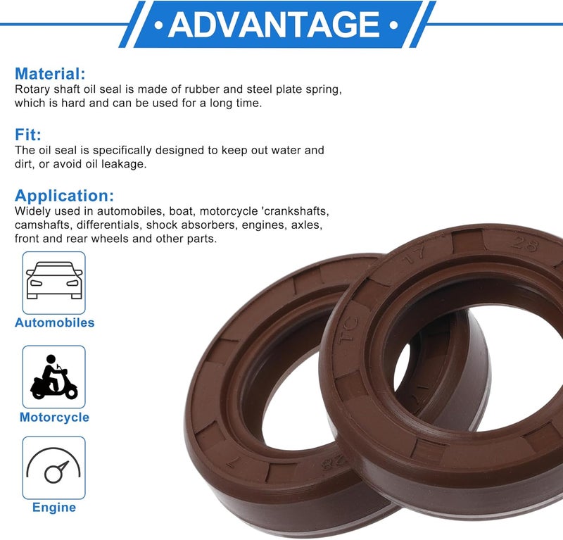 VekAuto Universal Oil Seal TC Double Lip W Steel Spring Seal Ring Rotary Shaft Seal 17x28x7mm High Pressure FKM Rubber Brown 2 Pcs - Image 4